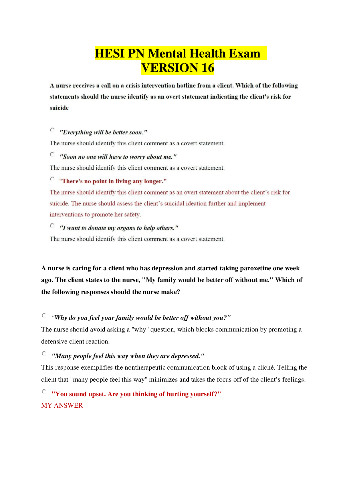 HESI PN Mental Health Exam Version 16 Questions & Answers with